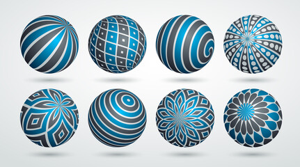 Realistic decorated spheres vector illustrations set, abstract beautiful balls with patterns, 3D globes design concept collection.