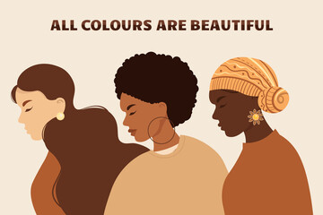 Stop racism. Black lives matter, we are equal. No racism concept. Flat style. Different skin colors. Supporting illustration. Vector.
