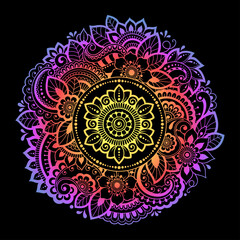 Color circular pattern in form of mandala with flower for decoration or print. Decorative ornament in ethnic oriental style. Rainbow design on black background.