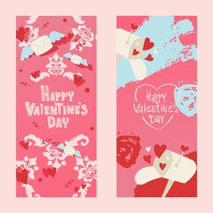 Fototapeta na wymiar Happy valentines day invintation card with envelope, vector illustration. Card with holiday romantic letter with wings and mailbox. Dreeting note with bright hearts, vertical flyer.