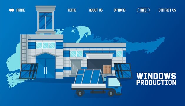 Warehouse outside, window production website vector illustration. Product transportation by cargo, global delievery working business window factory exterior. Import and package industrial product.