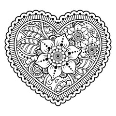 Mehndi flower pattern in form of heart for Henna drawing and tattoo. Decoration in ethnic oriental, Indian style. Valentine's day greetings. Coloring book page.