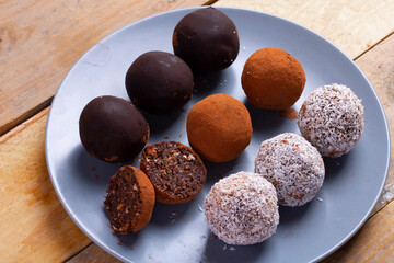 Homemade vegan chocolate truffles with cacao, energy balls
