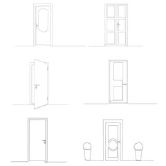 vector, isolated, front door drawing in one continuous line, set
