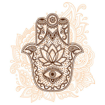 Hamsa hand drawn symbol with flower. Decorative pattern in oriental style for interior decoration and henna drawings. The ancient sign of "Hand of Fatima".