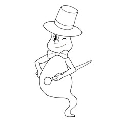 Cute cartoon ghost wearing a top hat and holding a cane. White and black vector illustration for coloring book. Halloween theme.