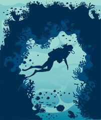  underwater world of silhouette illustration of diver coral fish vector