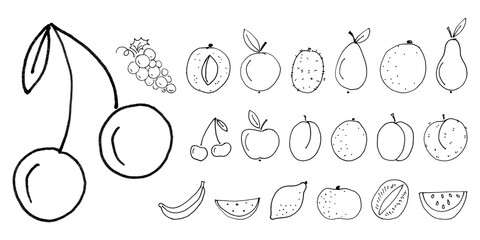 children felt-tip pen hand drawn line black fruits, set of liner objects isolated on white background, stock vector illustration clip art