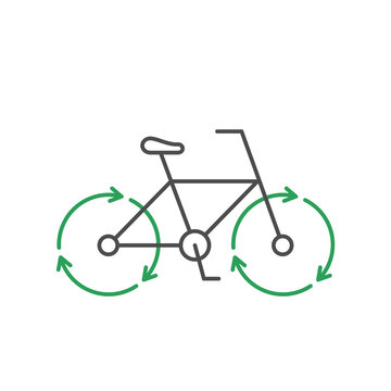 Bicycle with recycle arrows line icon. Eco friendly transportation. Healthy lifestyle concept. Bike wheels spinning. Alternative commuting to save the earth. Vector illustration, flat,clip art,outline