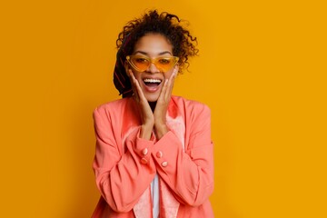 Laughing African woman over yellow background. True emotions, surprise face. Trendy look.