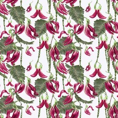 Pink flower garland seamless pattern. Exotic flower texture background.Flower pod hanging. Tropical red flower repeated watercolor print. Green pods backdrop.
