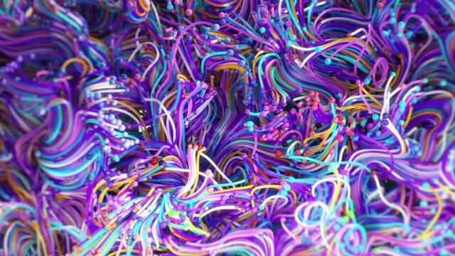 Bright multi-colored balls randomly move, leaving a mark in the form of a colorful thread or wire that fills the entire space. Futuristic 3D animation, abstract background, 4K motion graphics. particl