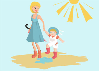 Mom and son are walking after the rain. Happy childhood, games on the street.