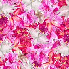 Tropical pink and white flowers seamless pattern.