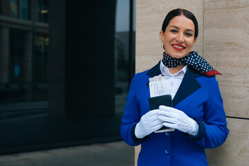 A smiling flight attendant holds passport and a boarding pass. Portrait of a flight attendant in uniform look into camera