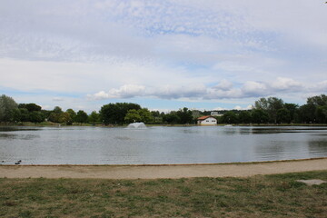 view of beautiful park with artificial lake in rome italy