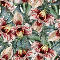 Flame orchid and monstera leaves watercolor seamless pattern. © Natasha