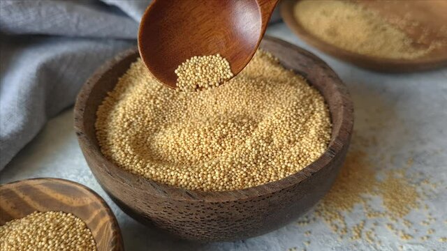 Raw Amaranth seeds in a bowl with a spoon close up
