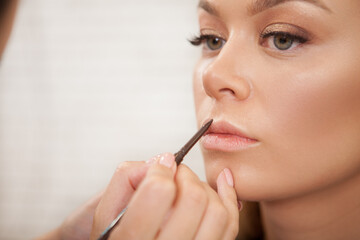 Close up of a beautiful woman having her lips painted by professional makeup artist