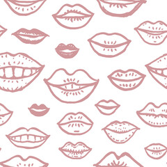 Felt-tip pen hand drawn lips seamless pattern. Lips mouths of different people funny vector template. Dusty pink drawing isolated on white.