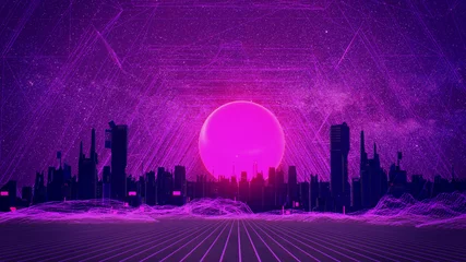 Foto auf Alu-Dibond Violett RETRO CITY SKYLINE: Neon leuchtende Sonne und Sternenhimmel /Synthwave / Retrowave / Vaporwave Hintergrund   3D-Illustration