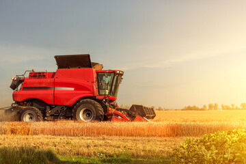 Red Combine Harvester Working During