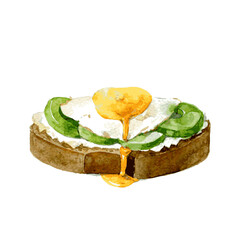 Tasty sandwich with fried eggs, olives, guacamole. Watercolor illustration isolated on white background. Vector - 356926147