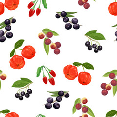 Tropical berry seamless pattern. Acerola, maqui berry, acai, goji and green leaves isolated on white background. Food background. Vector illustration in cartoon flat style. 