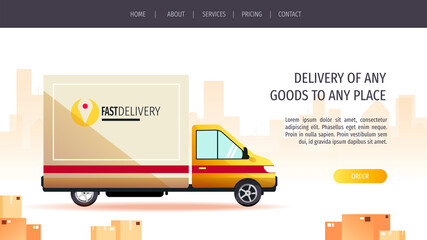 Web page design for Delivery services, Online order, trucking. Delivery truck, boxes and cityscape on background. Vector illustration for poster, banner, advertising, website.