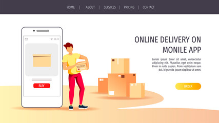Web page design for Delivery services, Online order, Deliveryman, Home delivery. Man holding a parcel box and smartphone. Vector illustration for poster, banner, advertising, website.