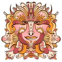 Colorful ornate face of a fairytale elf. Hand-drawn ethnic ornate godess. Tribal tattoo. Vector illustration.