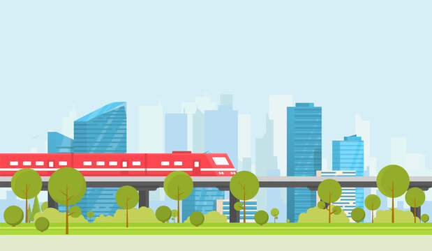 Subway and city on background. Park with trees and bushes. City train outdoor. Flat style vector. On background business city center with skyscrapers. Green park vegetation in center of big town.