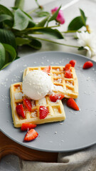 Belgian waffles with ice cream and strawberries