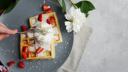 Belgian waffles on a plate with ice cream and strawberries and copy space
