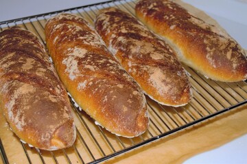 Homemade crispy rosy wheat baguettes on a metal grill and craft paper. Focus on bread in the...