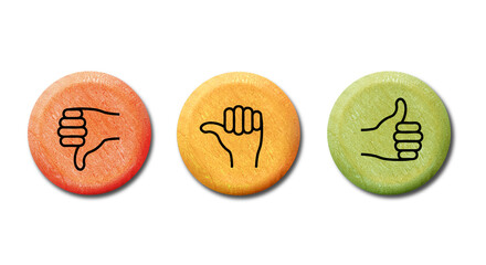 Buttons made of wood with hand expressions: thumb up, thumb down and neutral . Customer service experience and satisfaction appraisal concept . Online voting icons  for client feedback 
