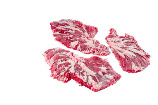 "Spider steak" or "bifteck araignÃ©e" of marbled beef on white background.