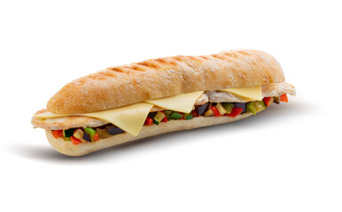 sandwich, baguette con verduras lomo y queso sobre fondo blanco. sandwich, baguette with loin vegetables and cheese on white background.