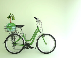 Earth and plant in Bicycle basket,  Concept image for world environment and sustainable living, 3D illustration with copy space. 
