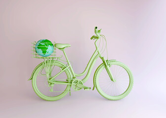 Green bicycle and world in basket, Creative idea layout, minimal concept, environment preserve on earth day.  3d illustration.