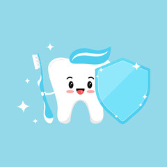 Cute tooth emoji with blue toothbrush and dental shield with paste on head and sparkles. Flat design cartoon kawaii style smiling tooth character vector illustration. Children teeth protect concept.