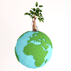 Concept for global issues : Save the world, Earth with growing plant,  Green Planet - Low poly 3d illustration,  Cartoon render isolated on white background.