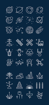 Space research technology icons set. Set of space research technology vector icons for web design isolated on blue background.