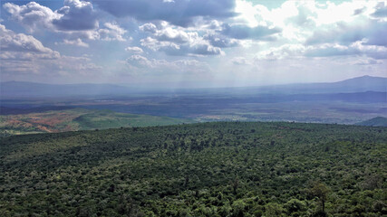The Great Rift Valley in Kenya is lit by the rays of the sun. A large area is covered with dense impenetrable jungle. In the distance, the valley and the silhouettes of the mountains hide in the haze.