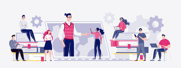 E-learning, online education, e-bookTechnology and digital culture. Staff training, consulting, college, education app. Freelance work in comfortable conditions. Vector. Flat cartoon style.