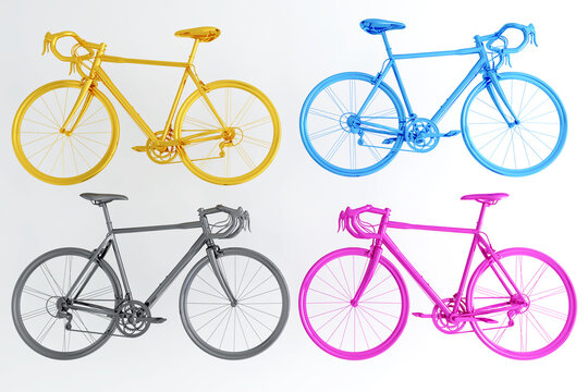 Bicycle set CMKY colors, Road bike on white background, Concept image for metallic painting, printing or sport event , 3D render.