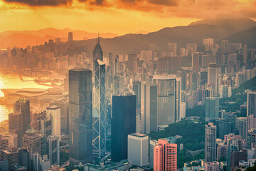 Hong Kong city skyline at sunrise view from Peak mountain.