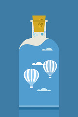 Conceptual image of hot air balloons in a cloudy sky inside a closed bottle. 