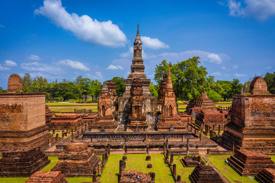 Aerial view of Ancient Buddha statue at Wat Mahathat temple in Sukhothai Historical Park, Thailand.