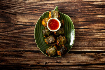 Homemade pandan fried chicken, south east Asia food.